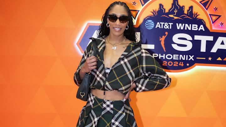 Jul 20, 2024; Phoenix, AZ, USA; USA Women's National Team forward A’ja Wilson (9) during the WNBA All Star game at Footprint Center. Jul 20, 2024; Phoenix, AZ, USA; USA Women's National Team forward A’ja Wilson (9) during the WNBA All Star game at Footprint Center.