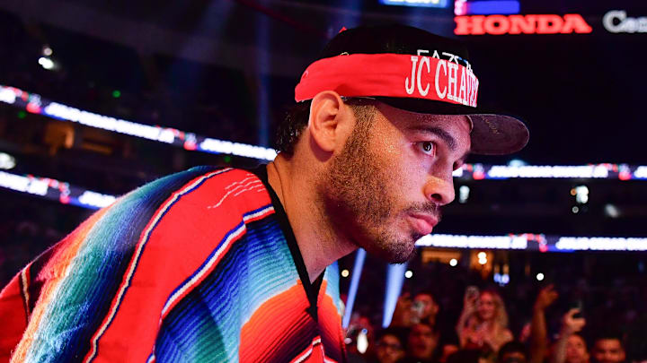 Chávez enters the ring before fighting Jake Paul at the Honda Center. Chávez enters the ring before fighting Jake Paul at the Honda Center.