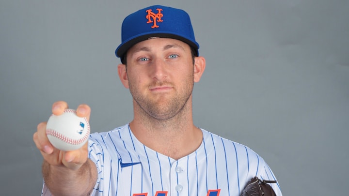 Feb 20, 2025; Port St. Lucie, FL, USA; New York Mets relief pitcher Justin Hagenman (51) poses for a photo during picture day at Clover Park. Mandatory Credit: Sam Navarro-Imagn Images