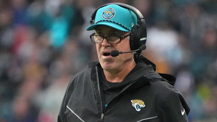 Oct 20, 2024; London, United Kingdom; Jacksonville Jaguars coach Doug Pederson watches from the sidelines against the New England Patriots in the first half of an NFL International Series game at Wembley Stadium. Mandatory Credit: Kirby Lee-Imagn Images