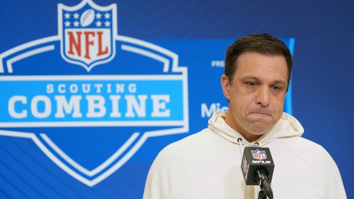 Feb 25, 2025; Indianapolis, IN, USA; Kansas City Chiefs general manager Brett Veach speaks during the NFL Scouting Combine at the Indiana Convention Center. Mandatory Credit: Kirby Lee-Imagn Images