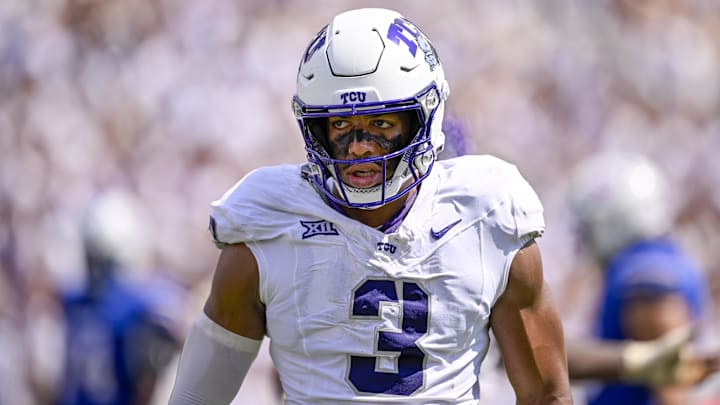 TCU Horned Frogs linebacker Kaleb Elarms-Orr (3) celebrates during the game between the TCU Horned Frogs and the SMU Mustangs.