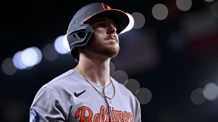 Baltimore Orioles first baseman Ryan O'Hearn (32) walks to the on deck circle during the game between the Texas Rangers and the Baltimore Orioles at Globe Life Field. Baltimore Orioles first baseman Ryan O'Hearn (32) walks to the on deck circle during the game between the Texas Rangers and the Baltimore Orioles at Globe Life Field.