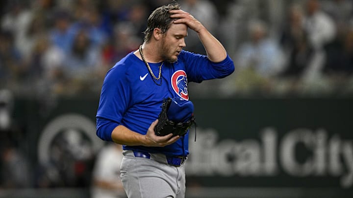 Mar 28, 2024; Arlington, Texas, USA; Chicago Cubs starting pitcher Justin Steele (35) comes off the field during the fourth inning against the Texas Rangers at Globe Life Field. Mar 28, 2024; Arlington, Texas, USA; Chicago Cubs starting pitcher Justin Steele (35) comes off the field during the fourth inning against the Texas Rangers at Globe Life Field.