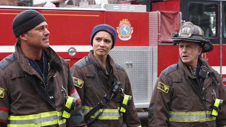 CHICAGO FIRE -- "All the Dark" Episode 12008 -- Pictured: (l-r) Taylor Kinney as Kelly Severide, Miranda Rae Mayo as Stella Kidd, David Eigenberg as Christopher Herrmann -- (Photo by: Adrian S Burrows Sr/NBC)