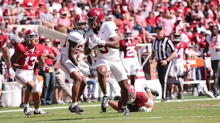 Alabama Wide Receiver Germie Bernard (5) during A-Day at Bryant-Denny Stadium in Tuscaloosa, AL on Saturday, Apr 13, 2024.