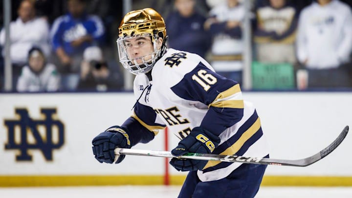 Notre Dame defenseman Paul Fischer (16) during the Penn State-Notre Dame NCAA hockey game on Friday, January 19, 2024, at Compton Family Ice Arena in South Bend, Indiana.