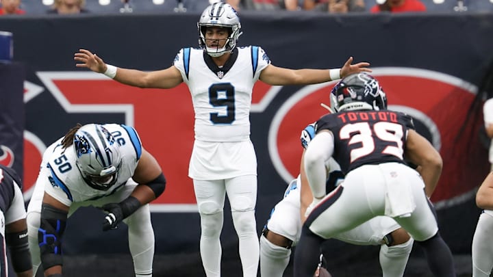 Aug 16, 2025; Houston, Texas, USA; Carolina Panthers quarterback Bryce Young (9) calls a play against the Houston Texans in the first quarter at NRG Stadium. Aug 16, 2025; Houston, Texas, USA; Carolina Panthers quarterback Bryce Young (9) calls a play against the Houston Texans in the first quarter at NRG Stadium.