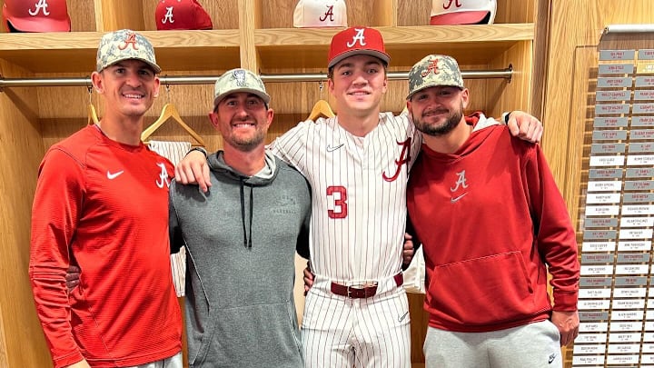 Will Rhine (3) with members of the Alabama baseball coaching staff, including head coach Rob Vaughn. Will Rhine (3) with members of the Alabama baseball coaching staff, including head coach Rob Vaughn.