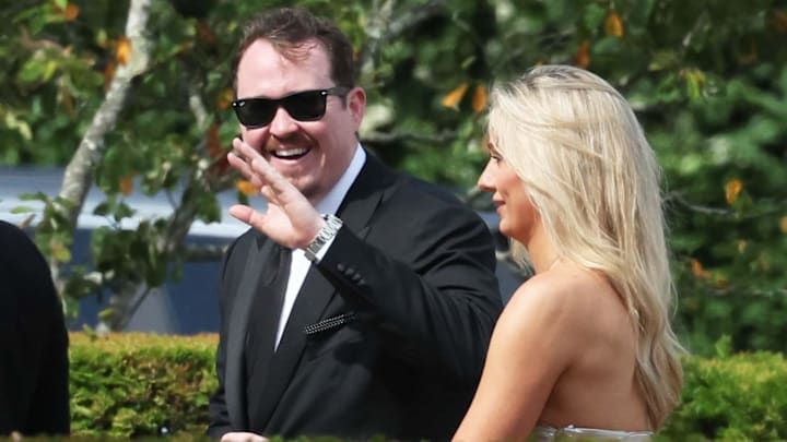 Comedian Shane Gillis waves to the spectators at the Olivia Culpo and Christian McCaffrey wedding at the Watch Hill Chapel and reception to follow at at the Ocean House in Westerly, RI on Saturday, June 29, 2024.
