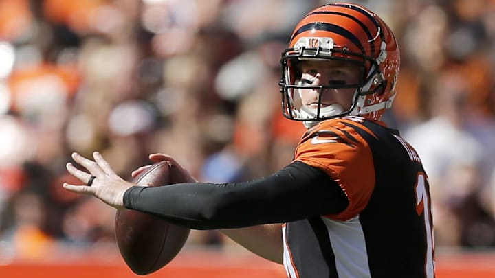 Andy Dalton drops back to throw in the second quarter against the Cleveland Browns on Sunday, Oct. 1, 2017.

100117 Bengals
