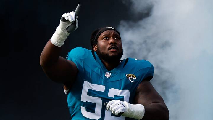 Jacksonville Jaguars defensive tackle Davon Hamilton (52) enters the field before the start of the game against the Buffalo Bills at an NFL football AFC Wild Card playoff matchup, Sunday, Jan. 11, 2026, in Jacksonville, Fla. Bills lead 10-7 at the half over the Jaguars. [Doug Engle/Florida Times-Union]