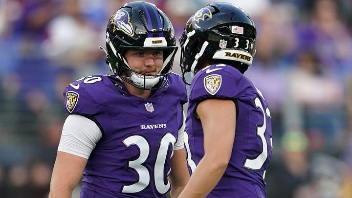 Aug 28, 2026; Baltimore, Maryland, USA; Baltimore Ravens kicker Tyler Loop (33) is greeted by holder Ryan Eckley (30) after making a field goal during the second quarter against the Washington Commanders at M&T Bank Stadium. Mandatory Credit: Mitch Stringer-Imagn Images Aug 28, 2026; Baltimore, Maryland, USA; Baltimore Ravens kicker Tyler Loop (33) is greeted by holder Ryan Eckley (30) after making a field goal during the second quarter against the Washington Commanders at M&T Bank Stadium. Mandatory Credit: Mitch Stringer-Imagn Images