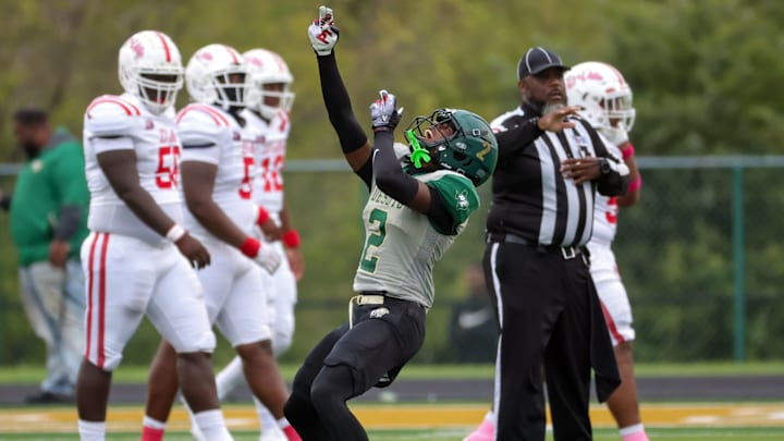 A DeSoto player reacts to a momentous upset of undefeated Duncanville in a rivalry in 2023.