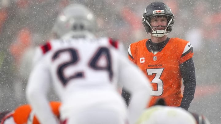 Jan 25, 2026; Denver, CO, USA; Denver Broncos place kicker Wil Lutz (3) prepares to kick a field goal against the New England Patriots during the second half in the 2026 AFC Championship Game at Empower Field at Mile High. 