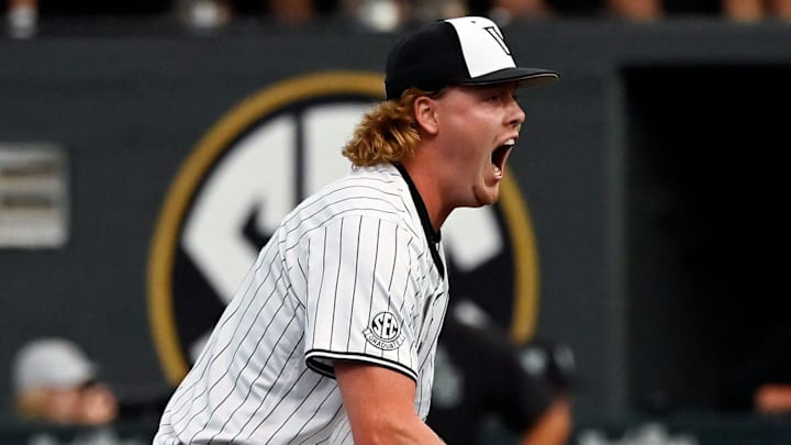 Vanderbilt pitcher Sawyer Hawks (88) reacts after striking out Wright State’s Luke Arnold for the third in the ninth inning of the Nashville Regional NCAA Baseball Tournament game at Hawkins Field Friday, May 30, 2025, in Nashville, Tenn. Vanderbilt Won 4-3. Vanderbilt pitcher Sawyer Hawks (88) reacts after striking out Wright State’s Luke Arnold for the third in the ninth inning of the Nashville Regional NCAA Baseball Tournament game at Hawkins Field Friday, May 30, 2025, in Nashville, Tenn. Vanderbilt Won 4-3.