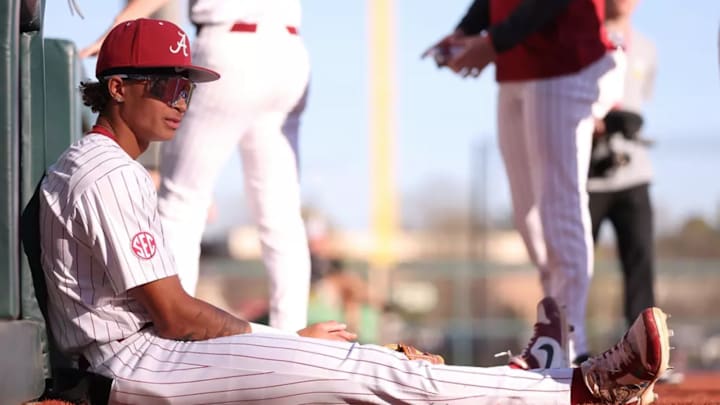 Alabama Baseball Player Justin Lebron (1) watches against Tennessee at Sewell-Thomas Stadium in Tuscaloosa, AL on Friday, Mar 21, 2025.