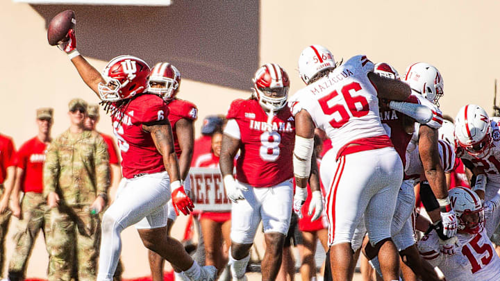 Indiana's Mikail Kamara (6) celebrates a turnover during the Indiana versus Nebraska football game at Memorial Stadium on Saturday, Oct. 19, 2024.