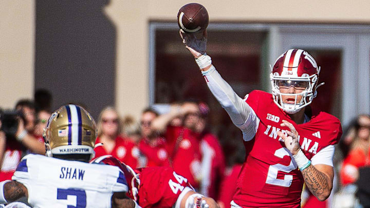 Indiana's Tayven Jackson (2) passes during the Indiana versus Washington football game at Memorial Stadium on Oct. 26, 2024.