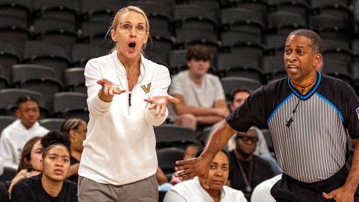 Vanderbilt coach Shea Ralph reacts during the win against Arizona at Acrisure Arena in Palm Desert, Calif., on Tuesday, November 26, 2024.
