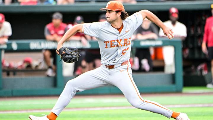Texas Longhorns pitcher Luke Harrison delivers a pitch against the Oklahoma Sooners. Texas Longhorns pitcher Luke Harrison delivers a pitch against the Oklahoma Sooners.