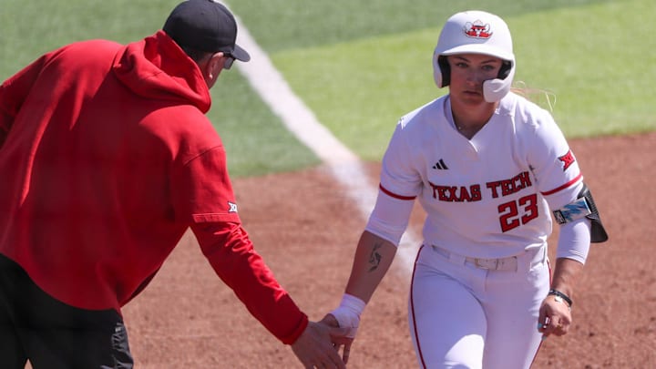 Texas Tech's Alexa Langeliers heads home after hitting a home run against Oklahoma State during a Big 12 Conference softball game, Sunday, March 9, 2025, at Rocky Johnson Field.