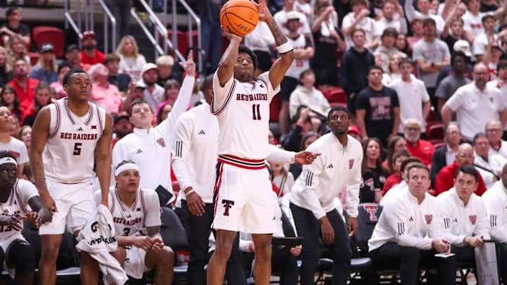 Texas Tech's Jaylen Petty shoots a 3-pointer against TCU during a Big 12 Conference men's basketball game, Tuesday, March 3, 2026, in United Supermarkets Arena.