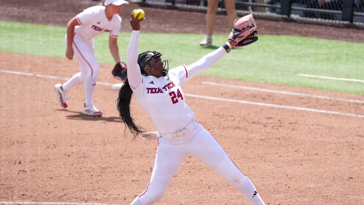 Texas Tech's NiJaree Canady pitches against Baylor during a Big 12 Conference softball game, Saturday, May 2, 2026, at Tracy Sellers Field.