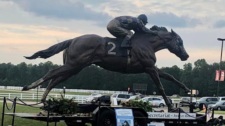 Secretariat \"Racing into History\" bronze statue sculpted by artist Jocelyn Russell on display at Colonial Downs Racetrack in New Kent, Va. on August 12, 2023.