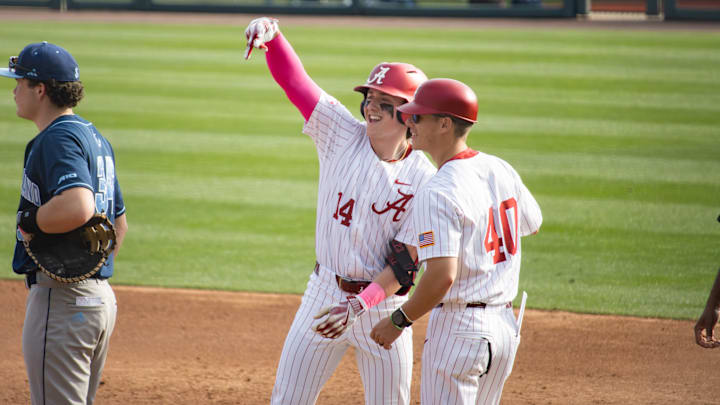 Alabama outfielder Peyton Steele celebrates a hit in the second game of the series against Rhode Island on Feb. 21, 2026. Alabama outfielder Peyton Steele celebrates a hit in the second game of the series against Rhode Island on Feb. 21, 2026.