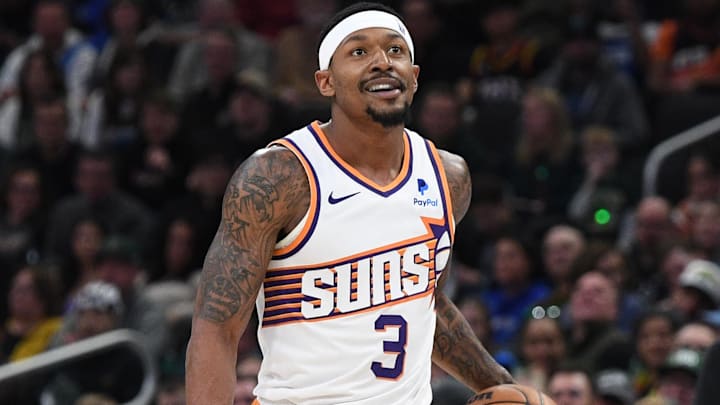 Mar 17, 2024; Milwaukee, Wisconsin, USA; Phoenix Suns guard Bradley Beal (3) dribbles up the court against the Bucks. 
