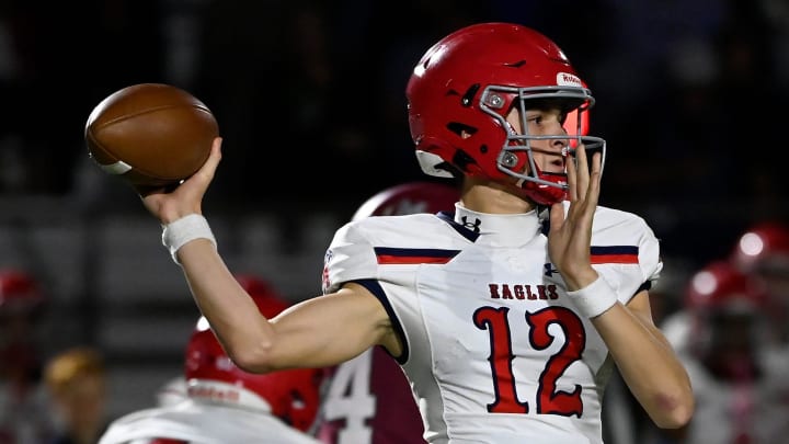 Brentwood Academy George MacIntyre (12) passes against MBA during an high school football game Thursday, Oct. 26, 2023, in Nashville, Tenn. Brentwood Academy George MacIntyre (12) passes against MBA during an high school football game Thursday, Oct. 26, 2023, in Nashville, Tenn.