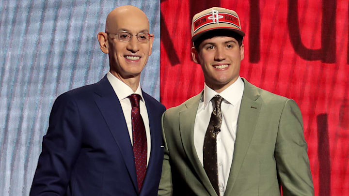 Jun 26, 2024; Brooklyn, NY, USA; Reed Sheppard poses for photos with NBA commissioner Adam Silver after being selected third overall by the Houston Rockets in the first round of the 2024 NBA Draft at Barclays Center. Mandatory Credit: Brad Penner-Imagn Images