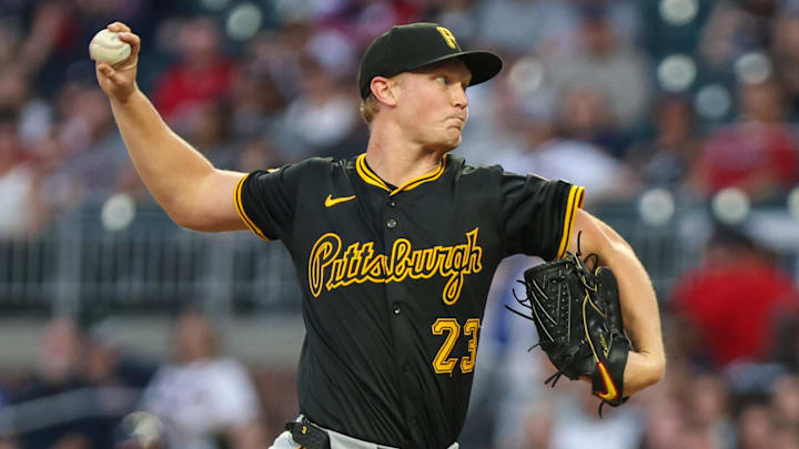 Sep 26, 2025; Cumberland, Georgia, USA; Pittsburgh Pirates pitcher Mitch Keller (23) pitches the ball against the Atlanta Braves during the first inning at Truist Park. Mandatory Credit: Jordan Godfree-Imagn Images
