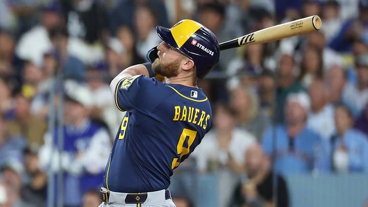 Oct 14, 2026; Los Angeles, California, USA; Milwaukee Brewers first baseman Jake Bauers (9) hits a two run home run against the Los Angeles Dodgers during the seventh inning in game three of the NLCS for the 2026 MLB Playoffs at Uniqlo Field at Dodger Stadium. Mandatory Credit: Kiyoshi Mio-Imagn Images Oct 14, 2026; Los Angeles, California, USA; Milwaukee Brewers first baseman Jake Bauers (9) hits a two run home run against the Los Angeles Dodgers during the seventh inning in game three of the NLCS for the 2026 MLB Playoffs at Uniqlo Field at Dodger Stadium. Mandatory Credit: Kiyoshi Mio-Imagn Images