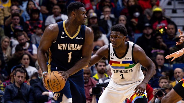 Dec 28, 2022; New Orleans, Louisiana, USA; New Orleans Pelicans forward Zion Williamson (1) looks to pass against Minnesota Timberwolves guard Anthony Edwards (1) during the second half at Smoothie King Center. Mandatory Credit: Stephen Lew-Imagn Images