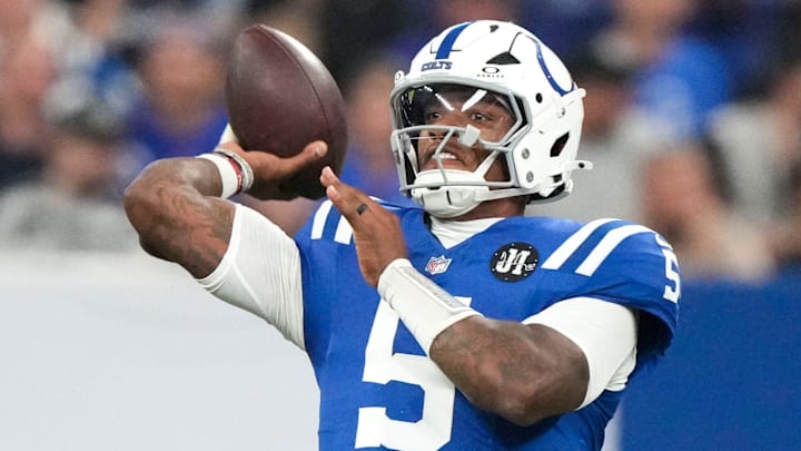 Indianapolis Colts quarterback Anthony Richardson (5) throws a pass Sunday, Oct. 5, 2025, during a game against the Las Vegas Raiders at Lucas Oil Stadium in Indianapolis. The Colts defeated the Raiders 40-6.