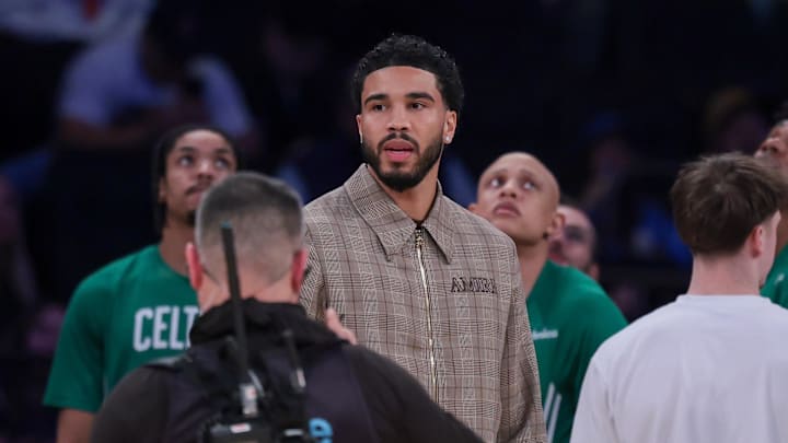 Oct 24, 2025; New York, New York, USA; Boston Celtics guard Jayson Tatum, center, looks on during the fourth quarter against the New York Knicks at Madison Square Garden. Mandatory Credit: Vincent Carchietta-Imagn Images Oct 24, 2025; New York, New York, USA; Boston Celtics guard Jayson Tatum, center, looks on during the fourth quarter against the New York Knicks at Madison Square Garden. Mandatory Credit: Vincent Carchietta-Imagn Images