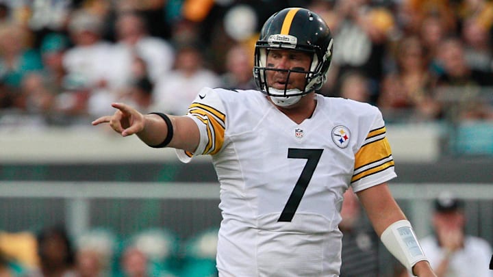Aug 14, 2015; Jacksonville, FL, USA; Pittsburgh Steelers quarterback Ben Roethlisberger (7) calls out a play during the first quarter of a preseason NFL football game against the Jacksonville Jaguars at EverBank Field. Mandatory Credit: Reinhold Matay-Imagn Images