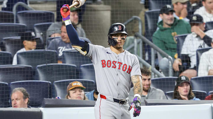 Aug 21, 2025; Bronx, New York, USA;  Boston Red Sox left fielder Jarren Duran (16) at Yankee Stadium. Mandatory Credit: Wendell Cruz-Imagn Images