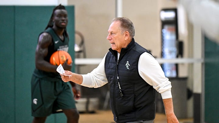 Michigan State's coach Tom Izzo instructs the team during the first day of basketball practice on Monday, Sept. 22, 2025, at the Breslin Center in East Lansing.
