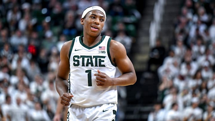Michigan State's Jeremy Fears Jr. looks at Colgate's bench after his steal and score during the first half on Monday, Nov. 3, 2025, at the Breslin Center in East Lansing. Michigan State's Jeremy Fears Jr. looks at Colgate's bench after his steal and score during the first half on Monday, Nov. 3, 2025, at the Breslin Center in East Lansing.