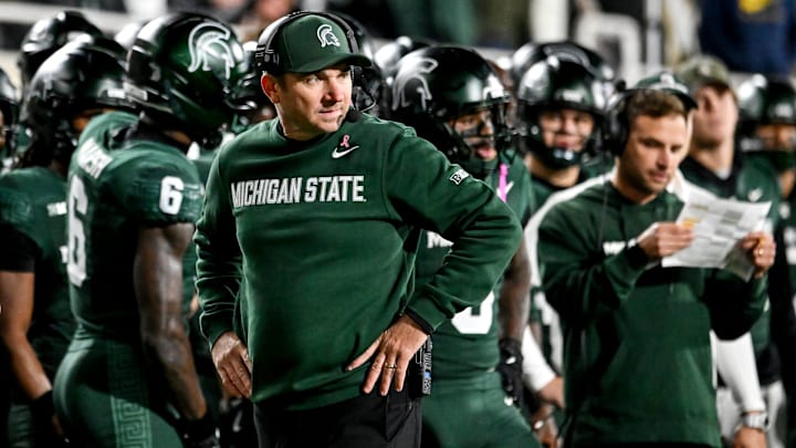 Michigan State's head coach Jonathan Smith looks on from the sideline against Michigan during the second quarter on Saturday, Oct. 25, 2025, at Spartan Stadium in East Lansing.