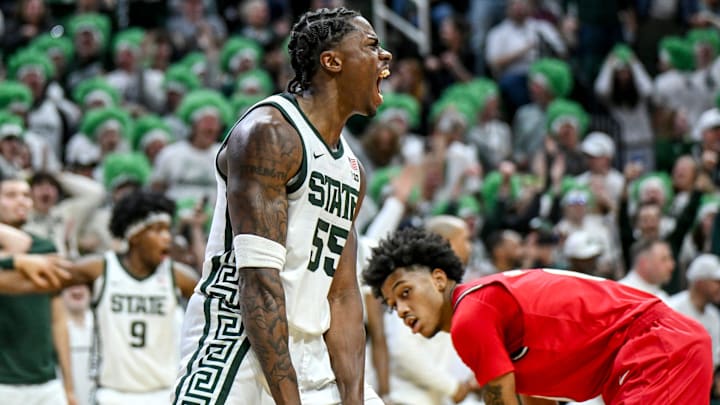 Michigan State's Coen Carr celebrates after three dunks in a row against Rutgers during the second half on Thursday, March 5, 2026, at the Breslin Center in East Lansing.