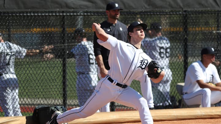 Detroit Tigers right handed pitching prospect Jackson Jobe throws during minor-league minicamp