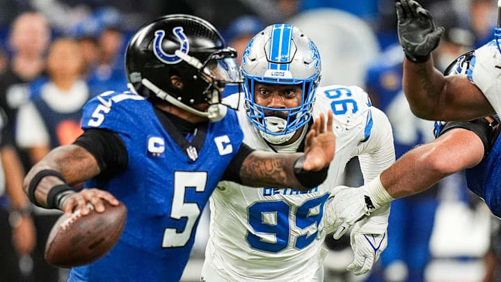 Detroit Lions defensive end Za'Darius Smith (99) pressures Indianapolis Colts quarterback Anthony Richardson Detroit Lions defensive end Za'Darius Smith (99) pressures Indianapolis Colts quarterback Anthony Richardson