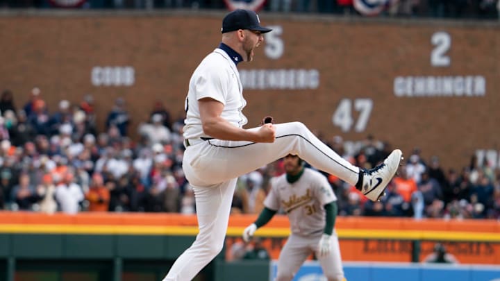 Detroit Tigers closing pitcher Alex Lange celebrates striking out Oakland Athletics second base Zack Gelof to seal their 5-4 win over Oakland for the Detroit home opener at Comerica Park on Friday, April 5, 2024.