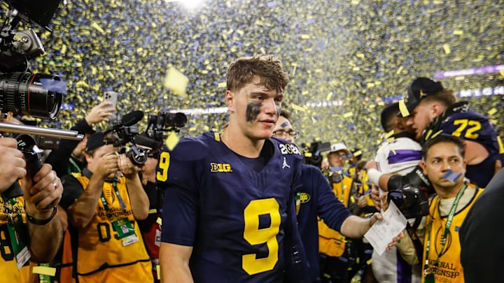 Michigan quarterback J.J. McCarthy celebrates after the national title win over Washington.