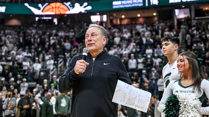 Michigan State's head coach Tom Izzo thanks the crowd after the game against Oregon on Saturday, Feb. 8, 2025, at the Breslin Center East Lansing.