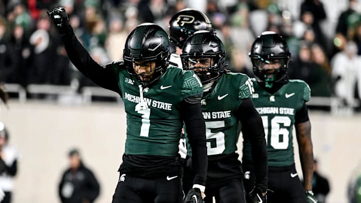 Michigan State's Nikai Martinez celebrates after a defensive stop against Purdue during the second quarter on Friday, Nov. 22, 2024, at Spartan Stadium in East Lansing.